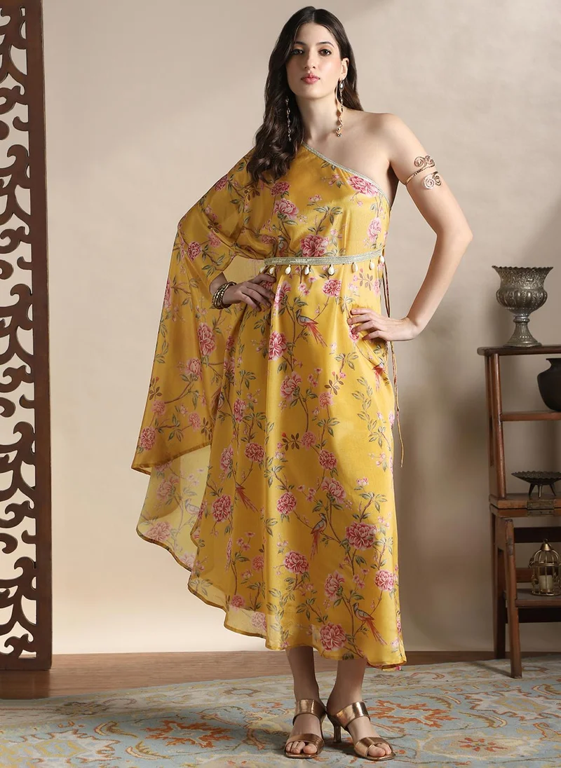 جلو باص Globus Women Yellow One Shoulder Floral Print Lace Detail High-Low Hem Maxi Fusion Kaftan Dress With Belt